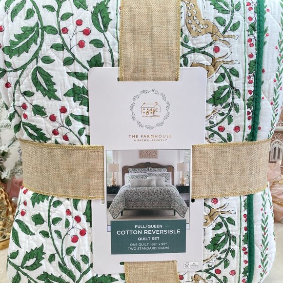 THE FARMHOUSE RACHEL ASHWELL Holiday Holly Berry Reindeer F/Queen Quilt 3PC Set - Picture 2 of 7